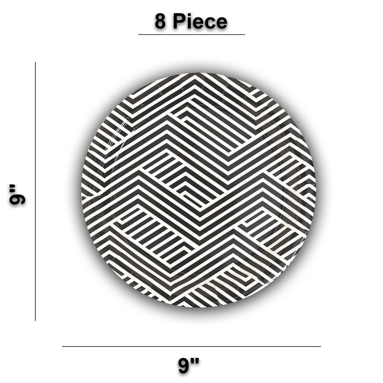 8 Ct. Black Overlapping Chevrons Round Paper Dinner Plates 9" Disposable Party Plates